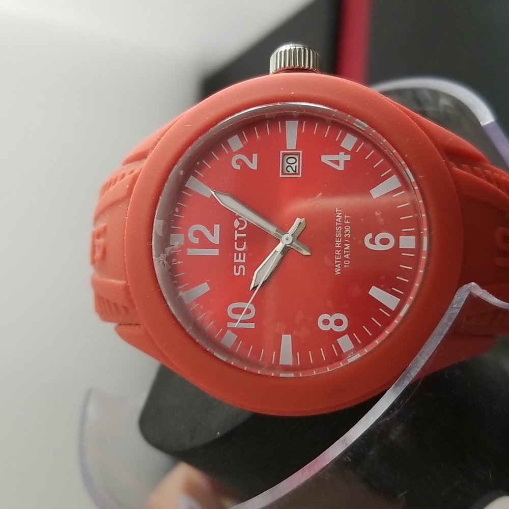 Sector men watch.  Rubber band in red. New with tag and original box.